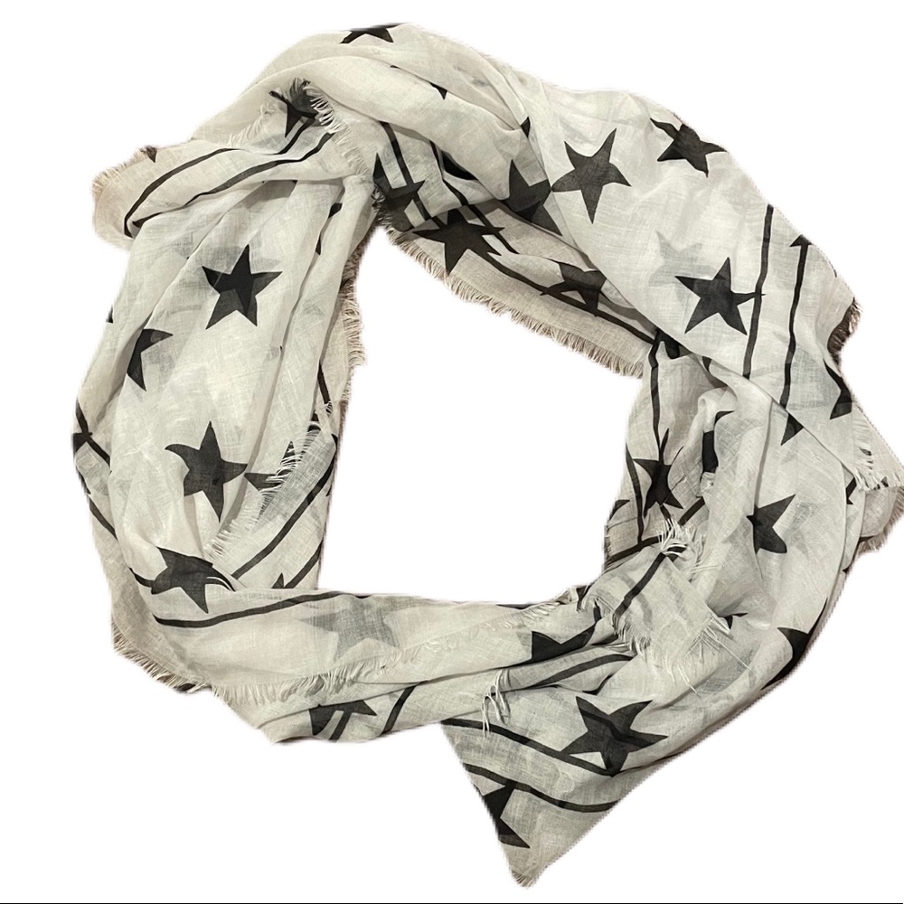 60x36” scarf. Sheer white with black stars